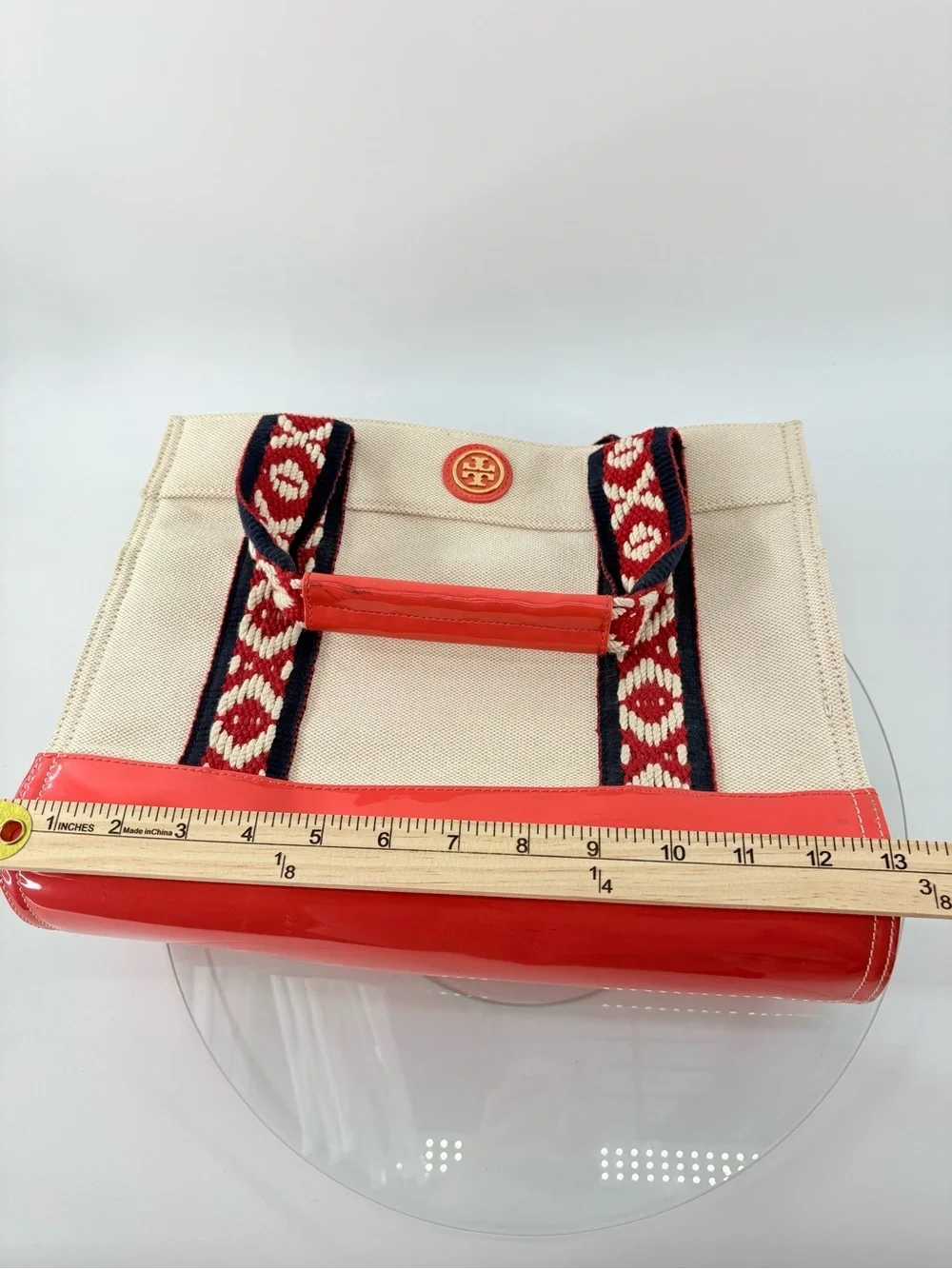 Tory Burch Canvas Tote Bag Coral Patent Trim Embroidered Straps Beach Summer
